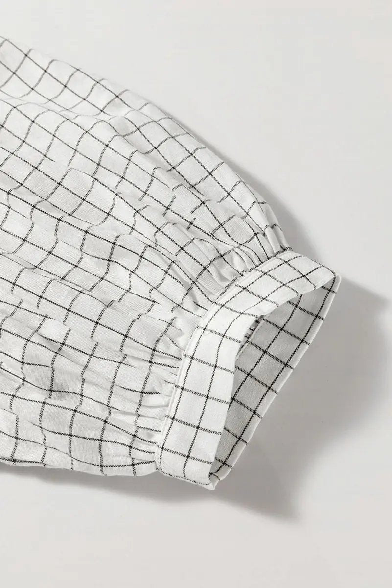 White Stripe Checkered Frilled V Neck Bracelet Sleeve Babydoll Dress - Love Salve